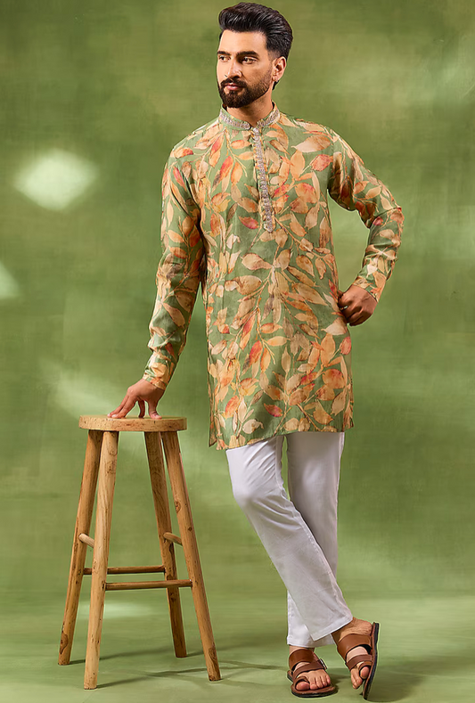 Green Botanical Print Kurta Set