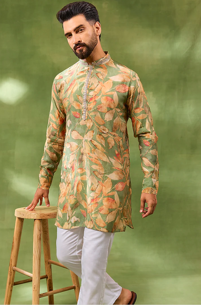 Green Botanical Print Kurta Set