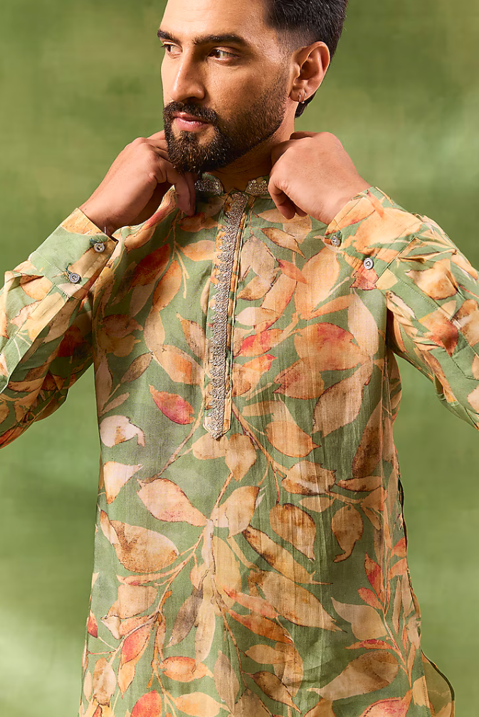 Green Botanical Print Kurta Set