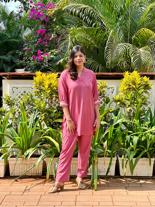 Pink Foil Print Kurta Set