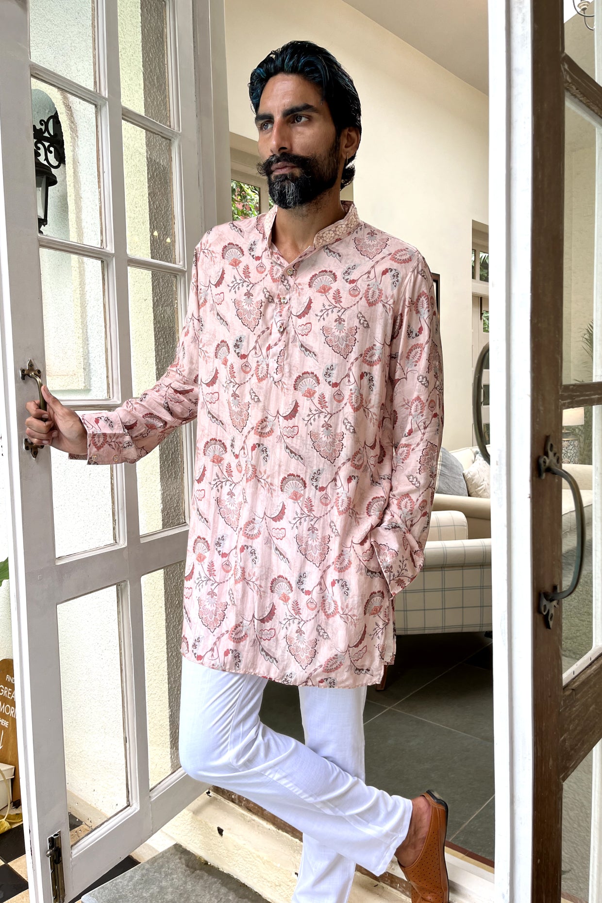 Pink Printed Muslin Silk Kurta Set