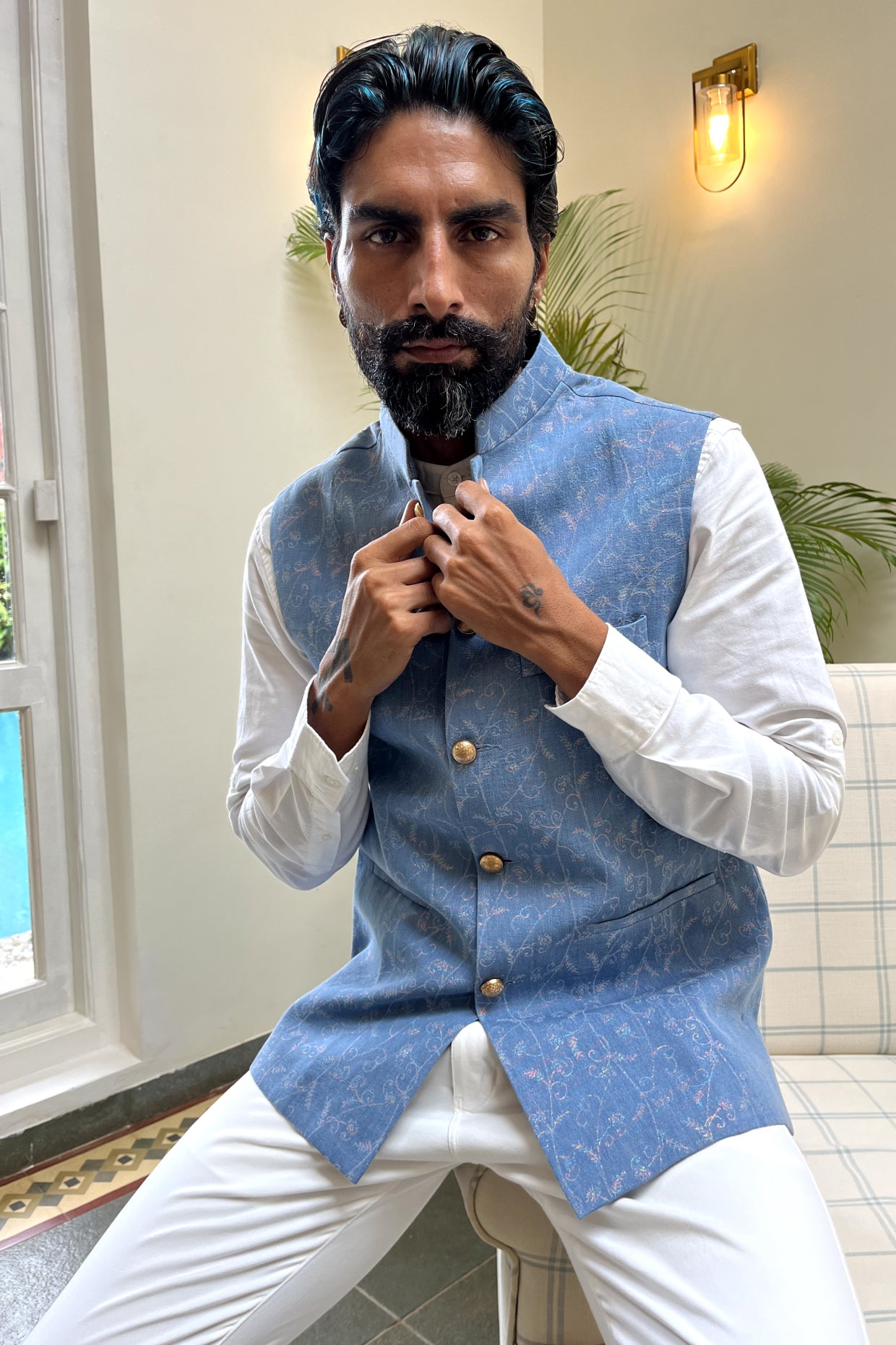 Denim Shimmer Nehru Jacket