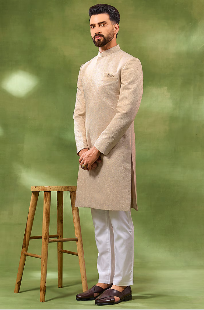Cream Jacquard Embroidered Sherwani Set