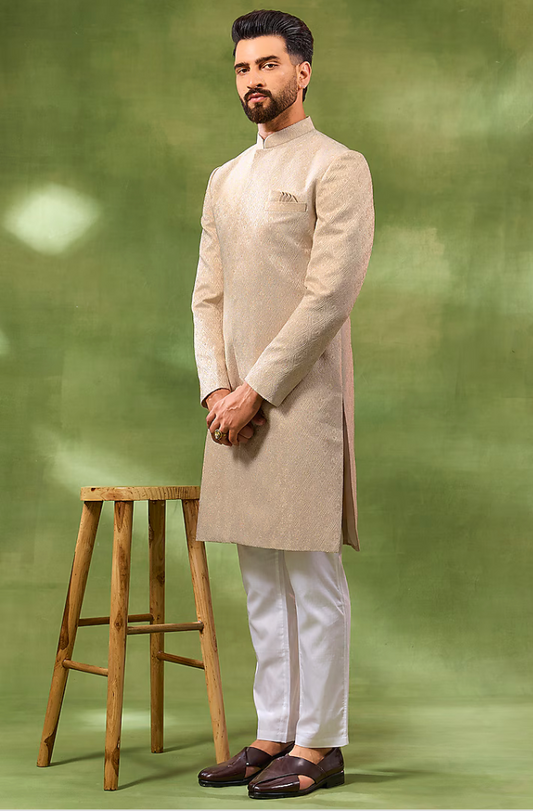 Cream Jacquard Embroidered Sherwani Set