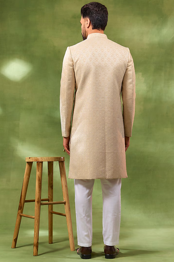 Cream Jacquard Embroidered Sherwani Set