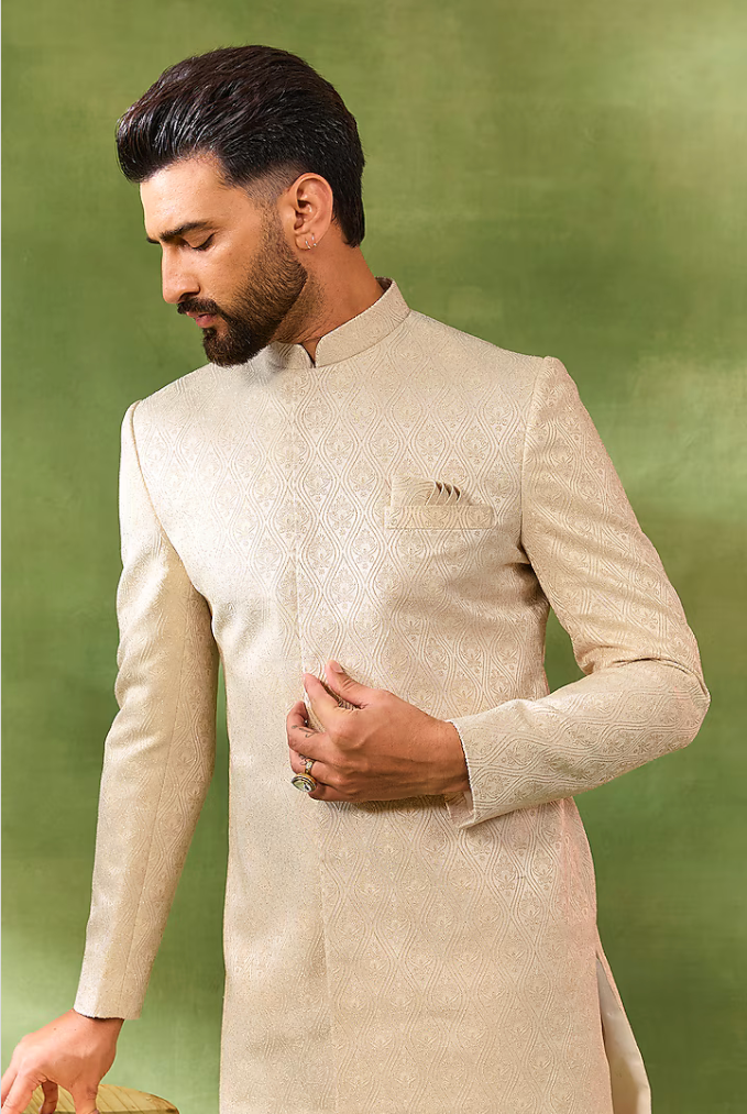 Cream Jacquard Embroidered Sherwani Set