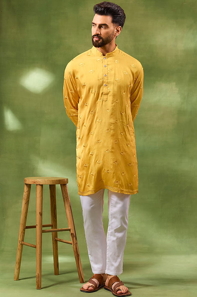 Mustard Border Embroidered Kurta Set