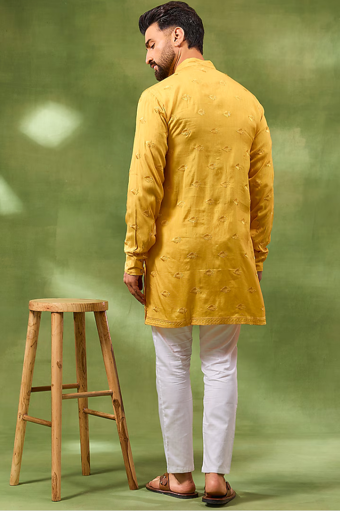 Mustard Border Embroidered Kurta Set