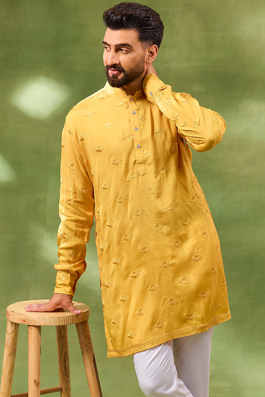 Mustard Border Embroidered Kurta Set