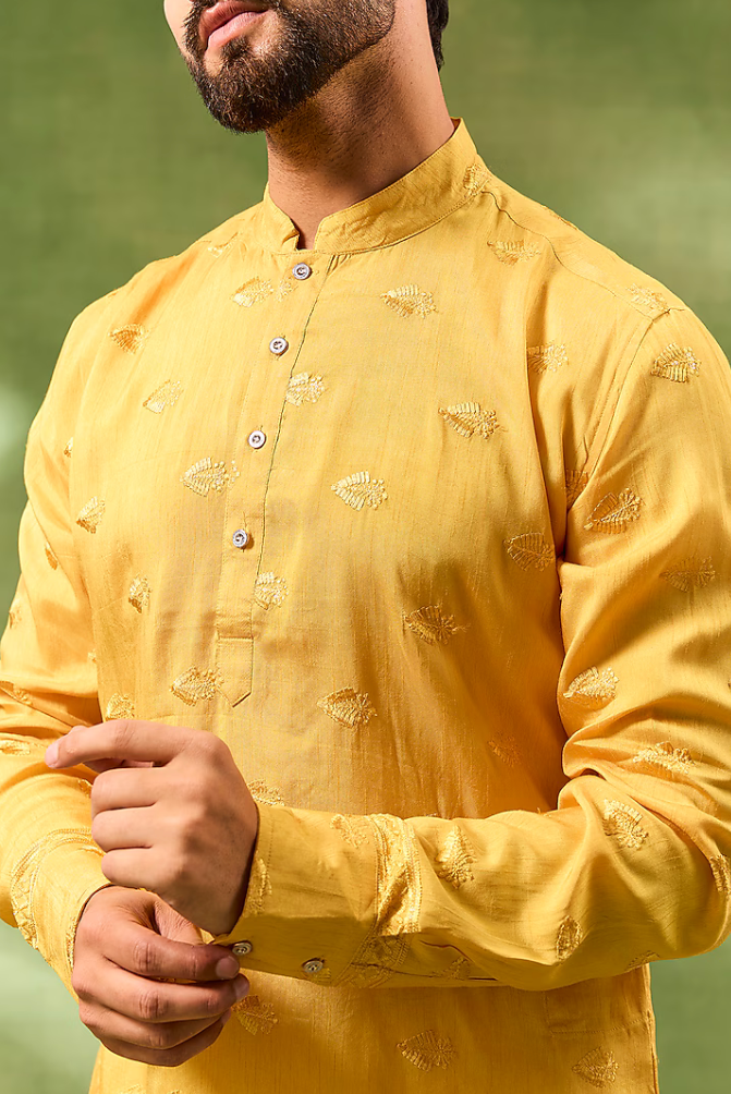 Mustard Border Embroidered Kurta Set