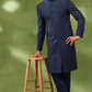 Navy Blended Silk Embroidered Sherwani Set
