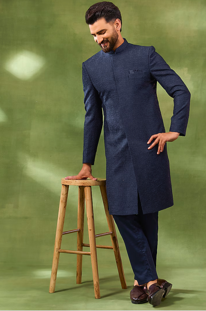 Navy Blended Silk Embroidered Sherwani Set