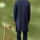 Navy Blended Silk Embroidered Sherwani Set