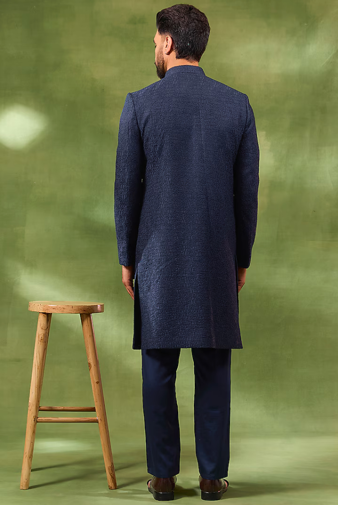 Navy Blended Silk Embroidered Sherwani Set