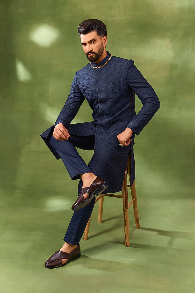 Navy Blended Silk Embroidered Sherwani Set