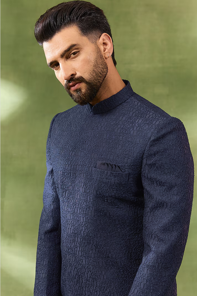 Navy Blended Silk Embroidered Sherwani Set