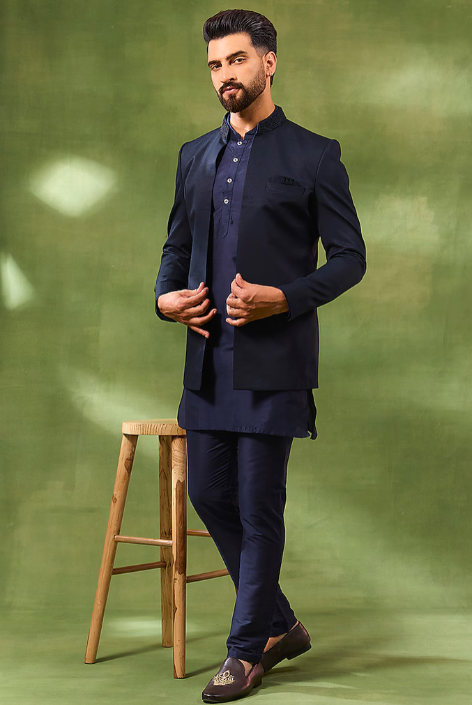 Navy Jacquard Indo Western Set
