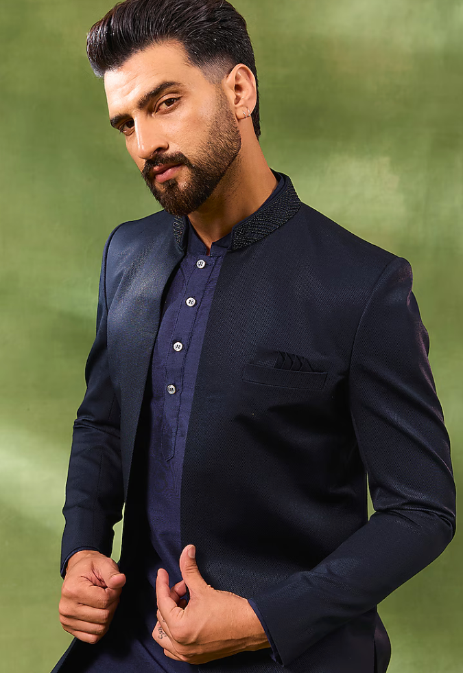 Navy Jacquard Indo Western Set
