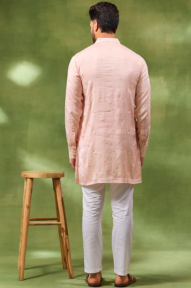 Pale Pink Border Embroidered Kurta Set