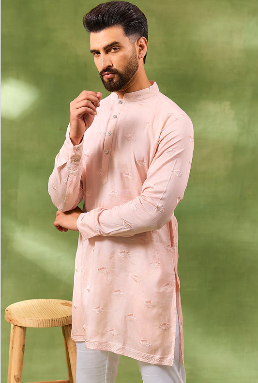 Pale Pink Border Embroidered Kurta Set