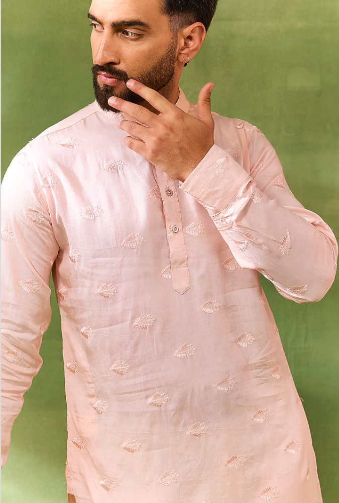 Pale Pink Border Embroidered Kurta Set