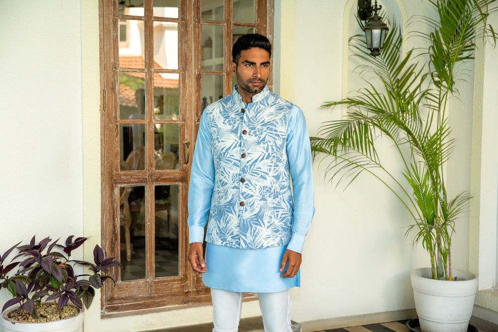 Denim Printed Bundi Jacket Kurta Set - Spring Break