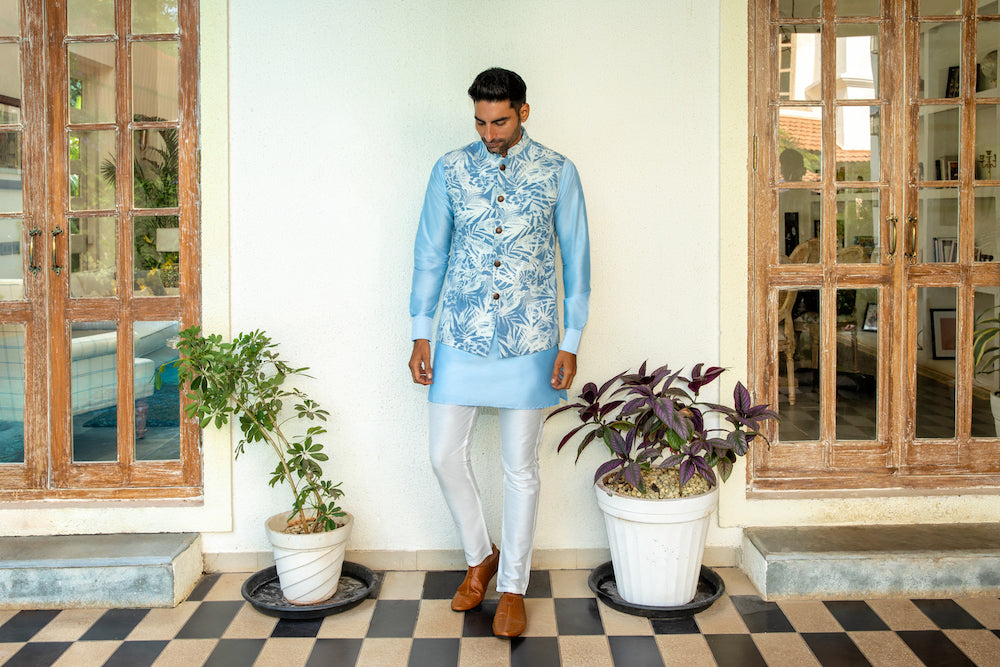 Denim Printed Bundi Jacket Kurta Set - Spring Break