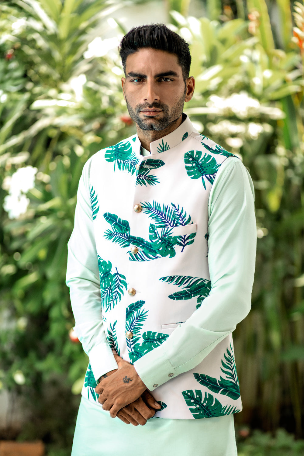 Tropical Print Bundi Jacket Kurta Set - Spring Break