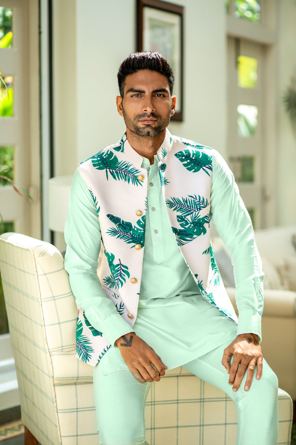 Tropical Print Bundi Jacket Kurta Set - Spring Break