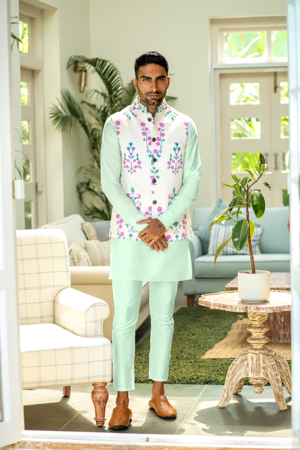 Floral Print Bundi Jacket with Kurta Set - Spring Break