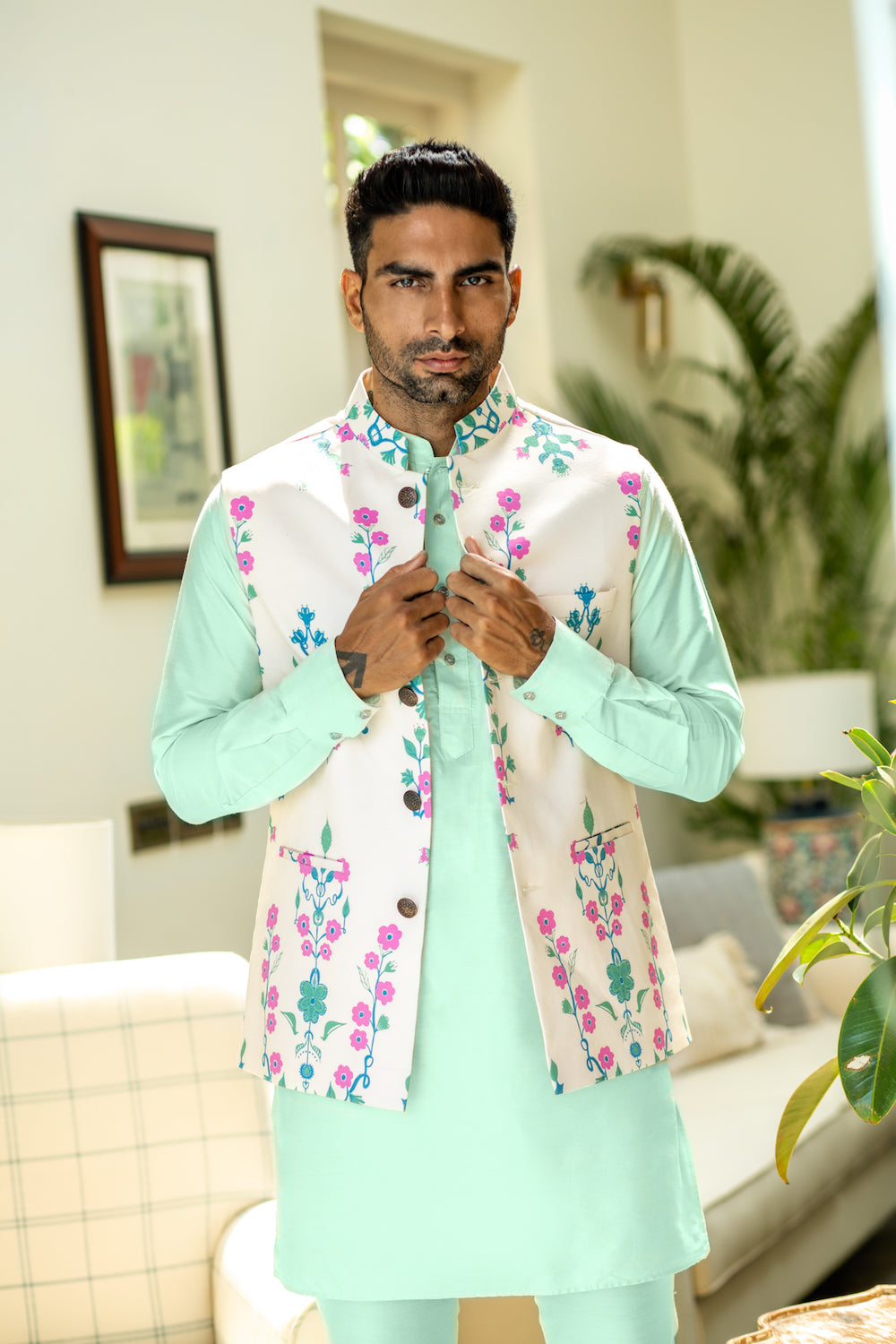 Floral Print Nehru Jacket with Kurta Set - Main Image