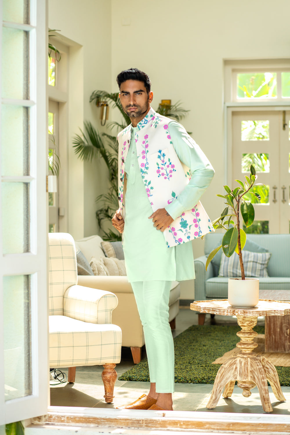 Floral Print Bundi Jacket with Kurta Set - Spring Break