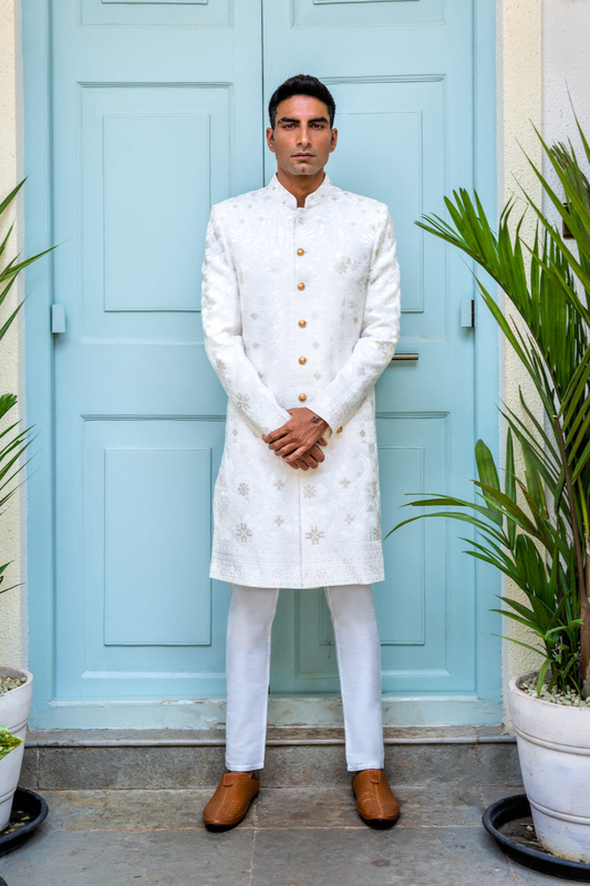 White Lucknowi Embroidered Sherwani Set - Spring Break