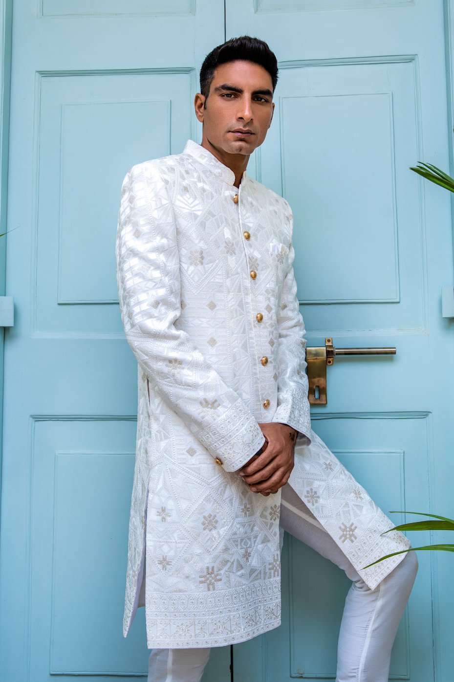 White Lucknowi Embroidered Sherwani Set - Spring Break