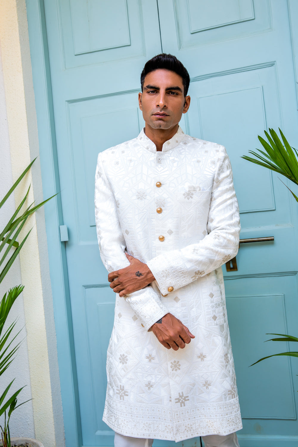 White Lucknowi Embroidered Sherwani Set - Spring Break