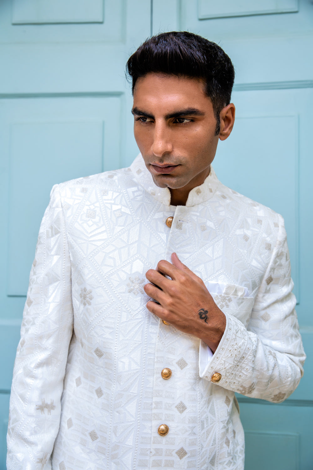 White Lucknowi Embroidered Sherwani Set - Spring Break