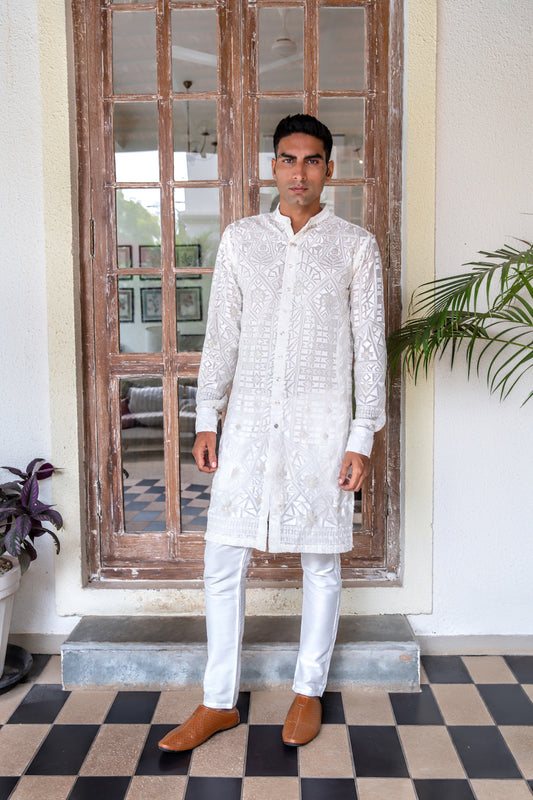 White Lucknowi Shirt Kurta Set - Spring Break
