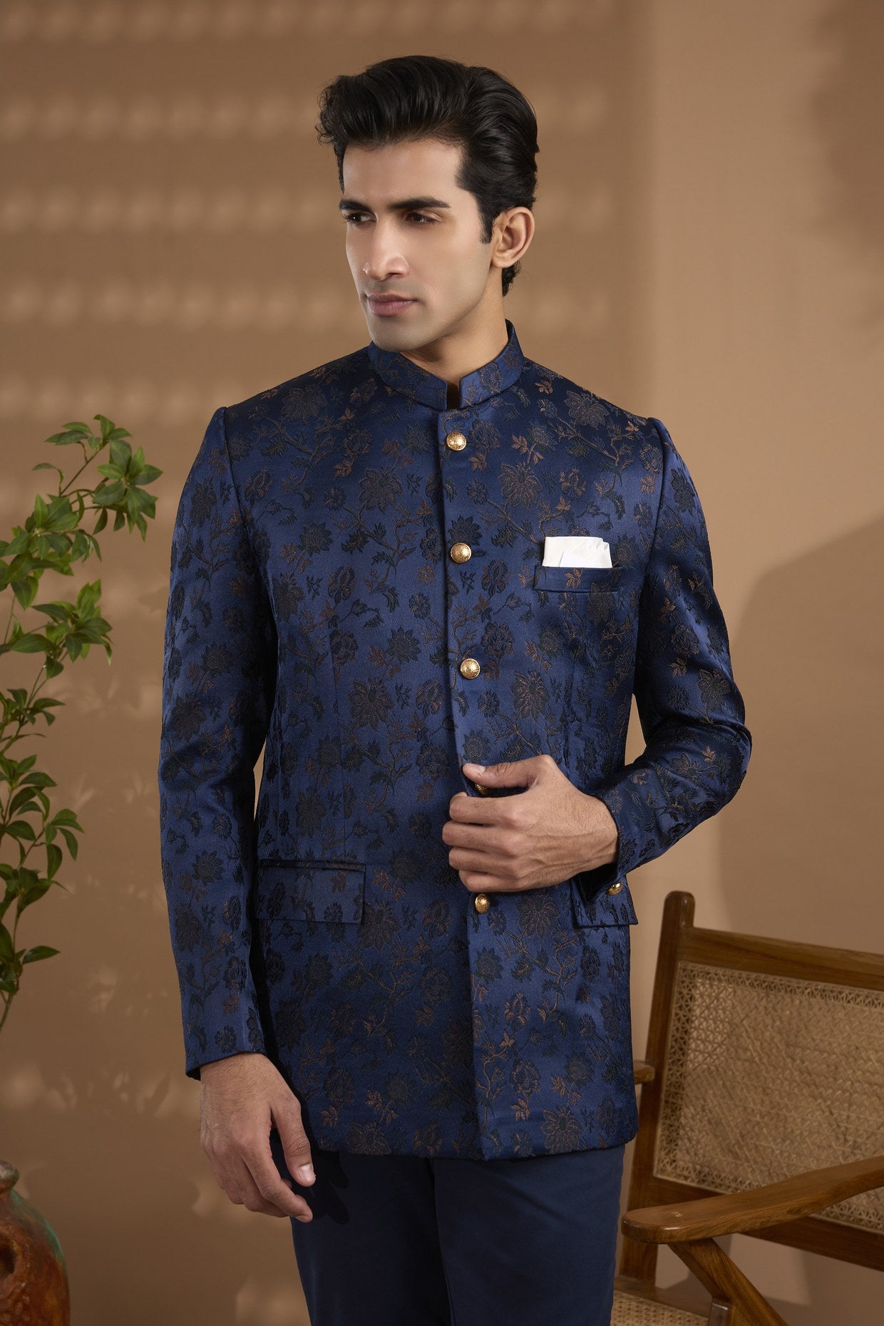 Navy Floral Bandhgala Jacket - Spring Break