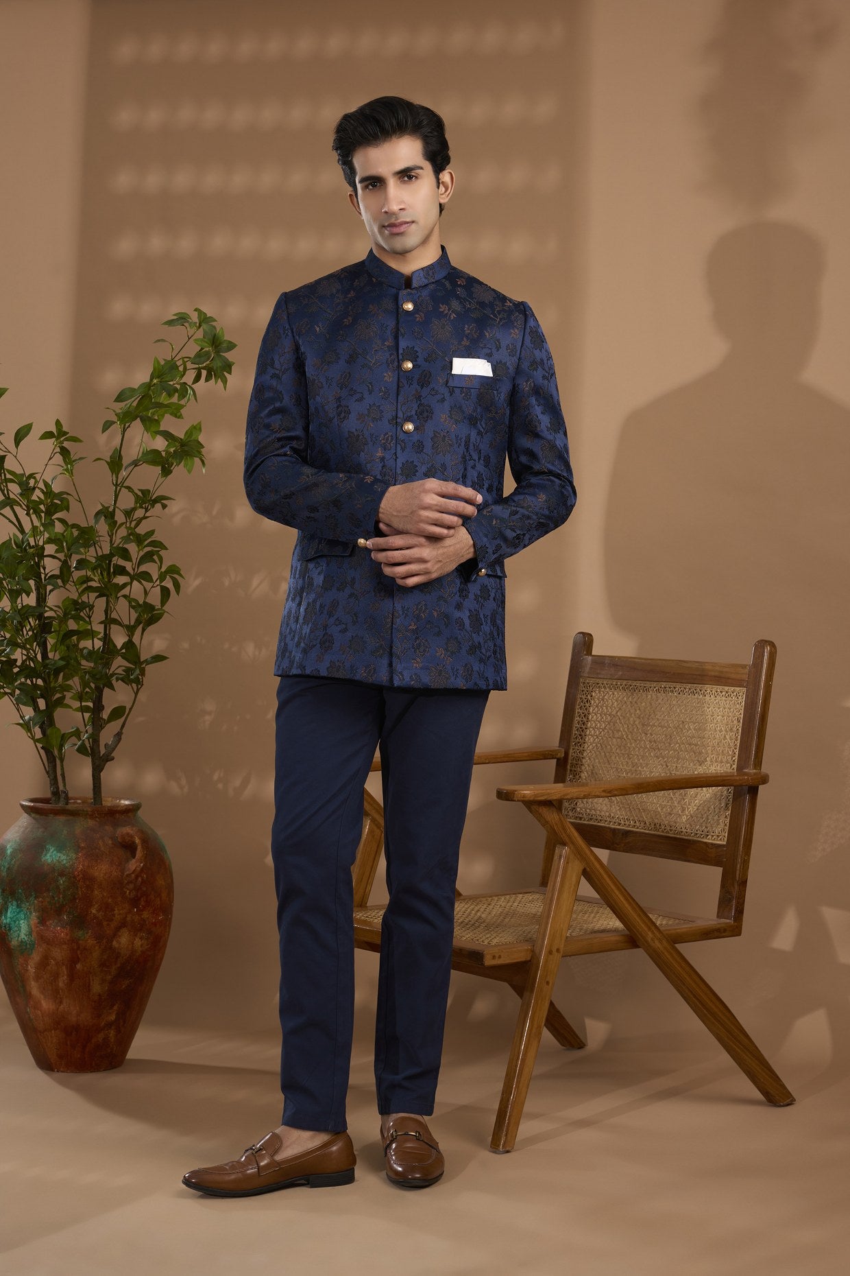 Navy Floral Bandhgala Jacket - Spring Break
