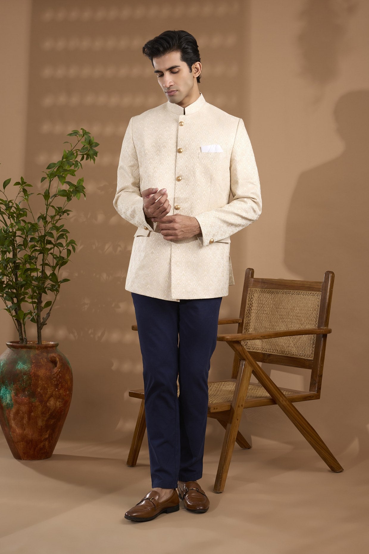 Ivory Jacquard Bandhgala Jacket - Spring Break