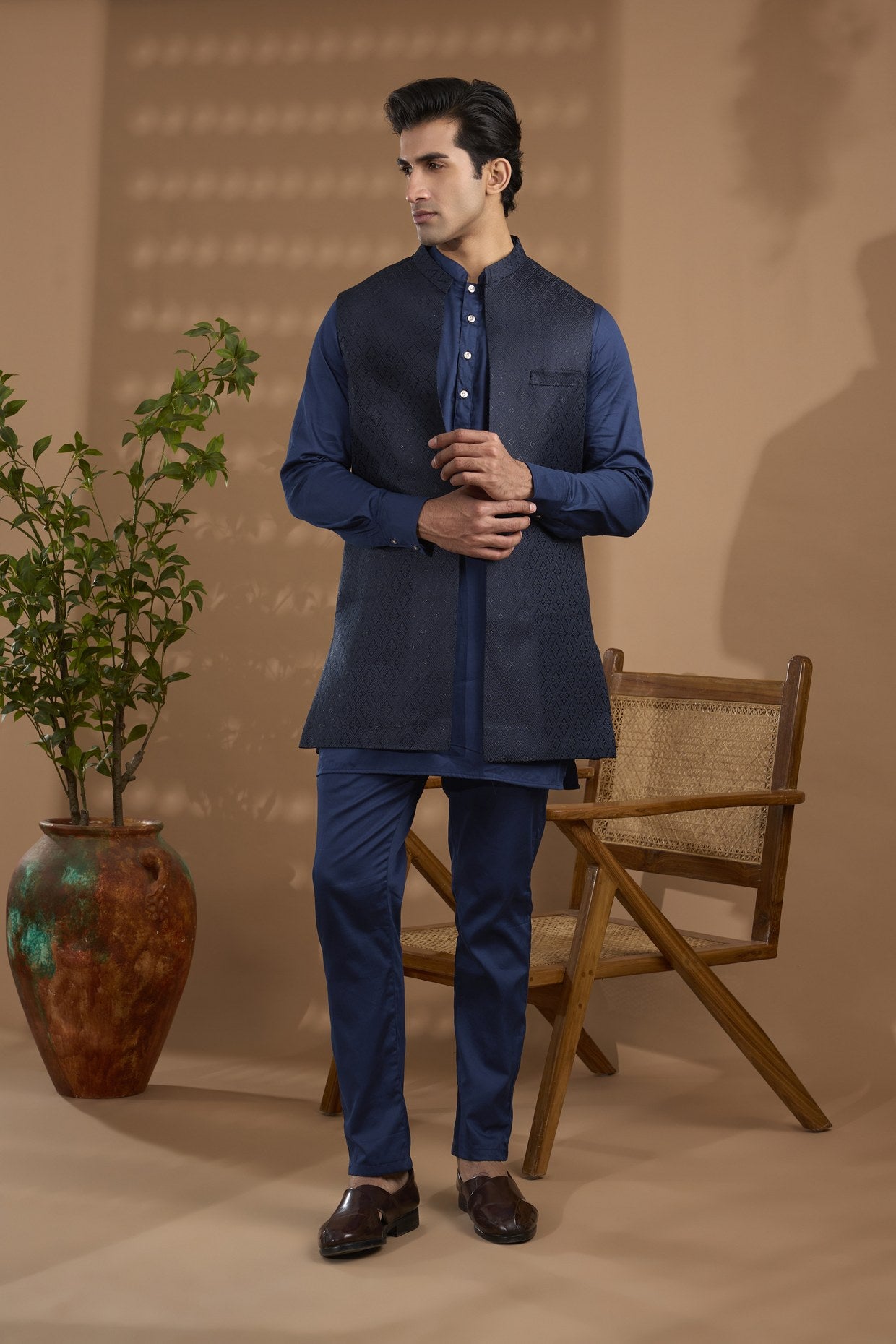 Navy Jacquard Indowestern Set