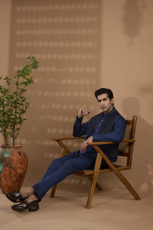 Navy Jacquard Indowestern Set