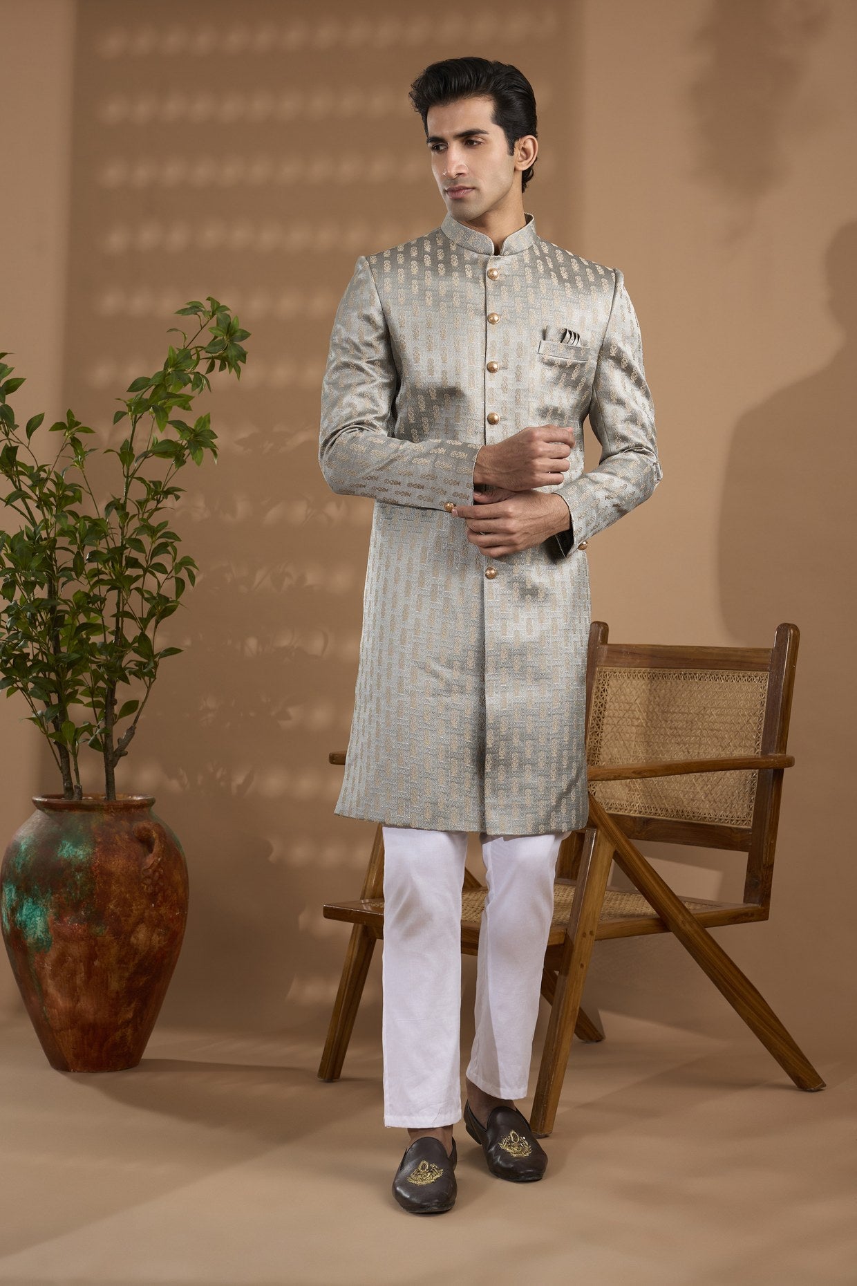 Grey Embroidered Sherwani Set - Spring Break