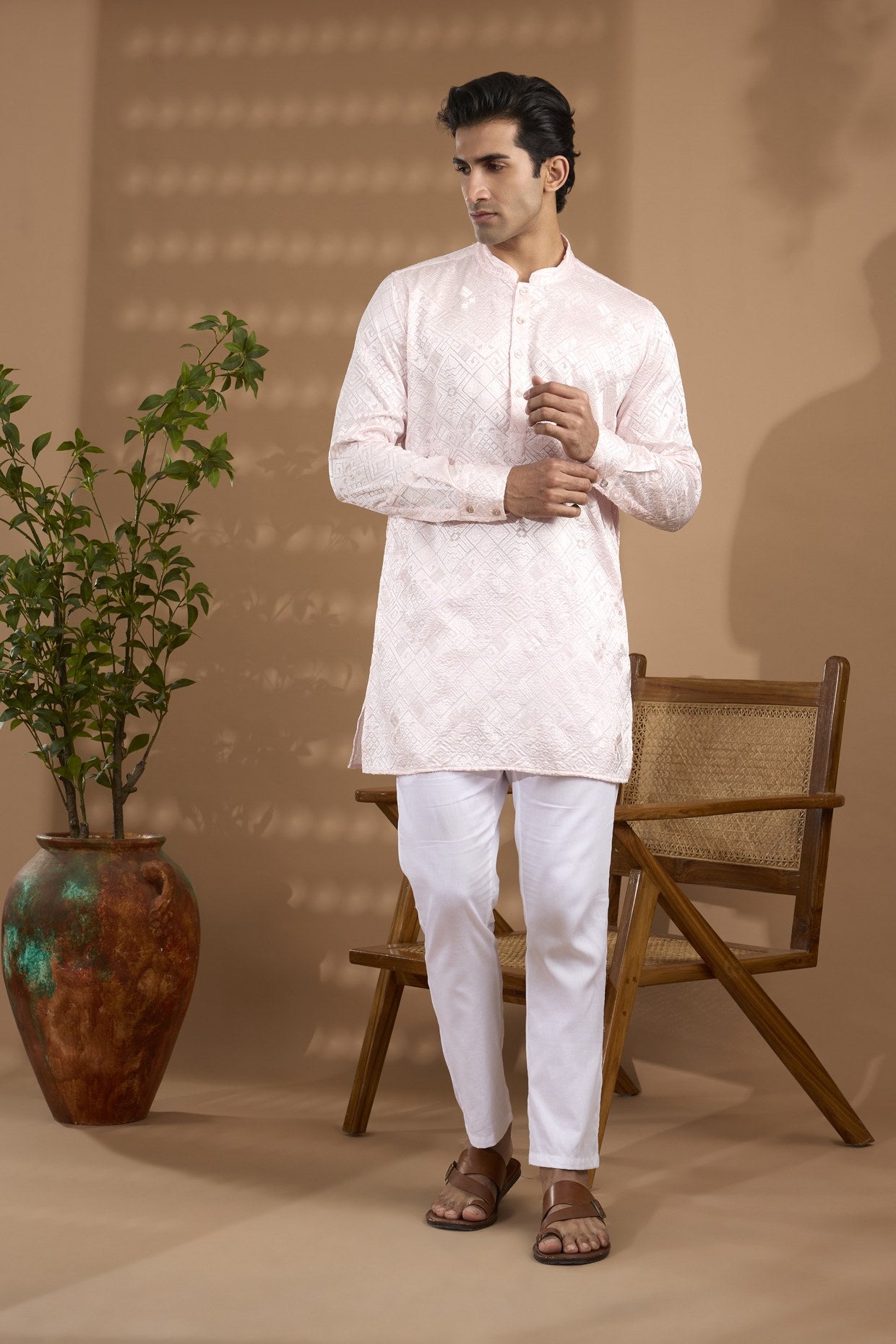 Light Pink Geometric Embroidered Kurta Set - Spring Break