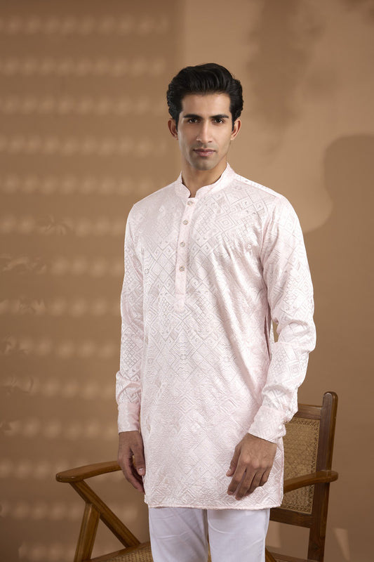 Light Pink Geometric Embroidered Kurta Set - Spring Break