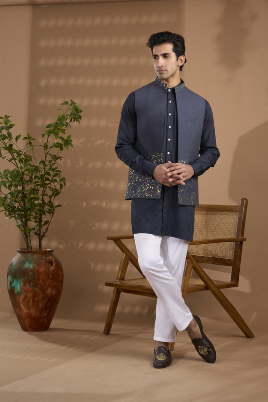Navy Foil Print Jacket Kurta Set
