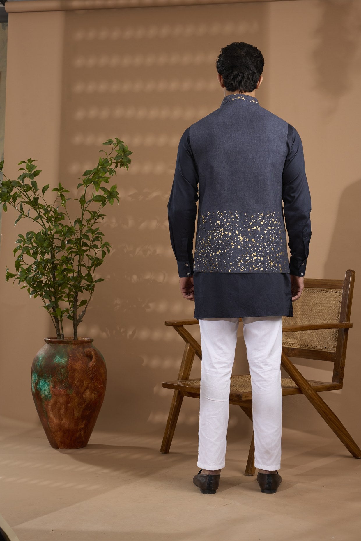 Navy Foil Print Jacket Kurta Set