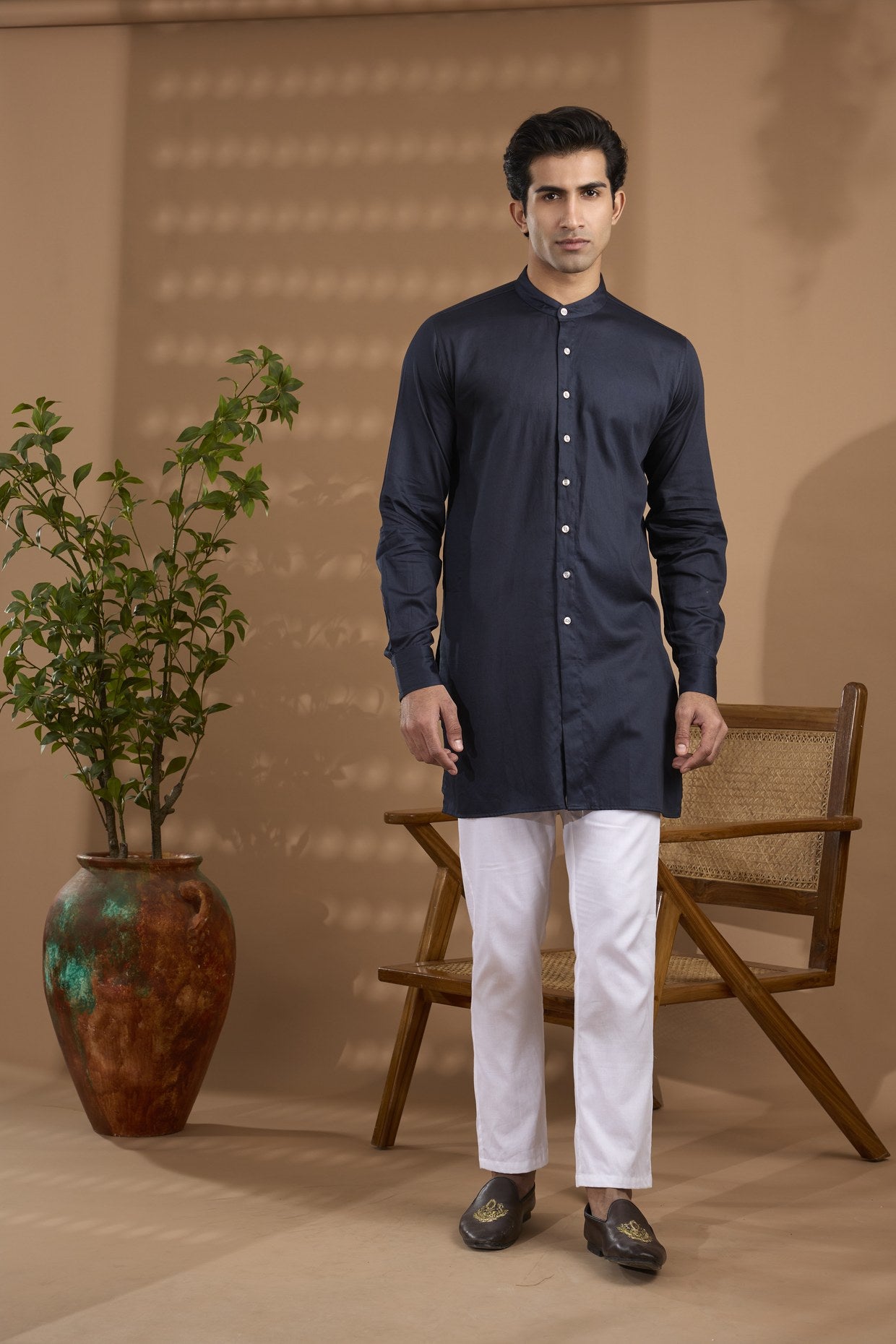 Navy Foil Print Jacket Kurta Set