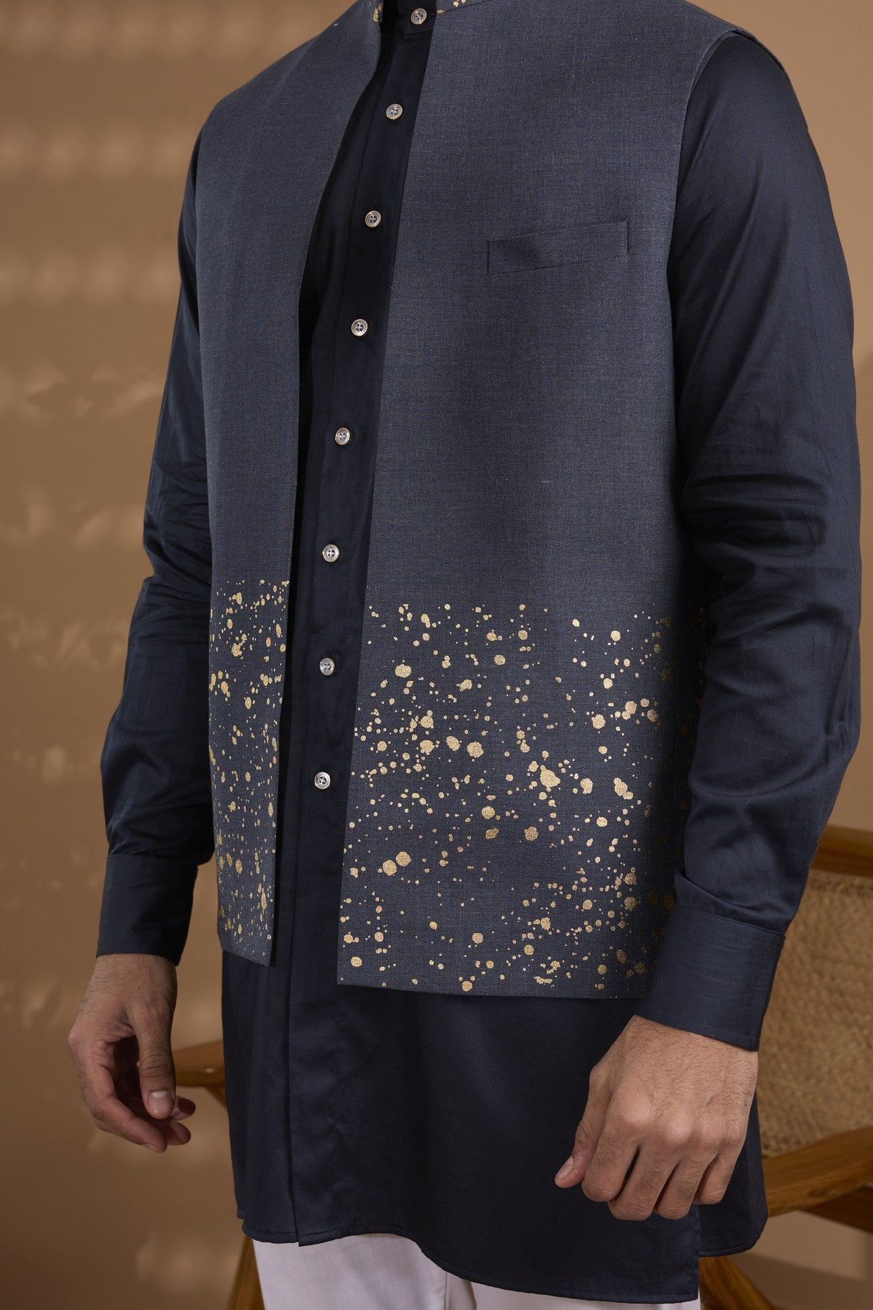 Navy Foil Print Jacket Kurta Set