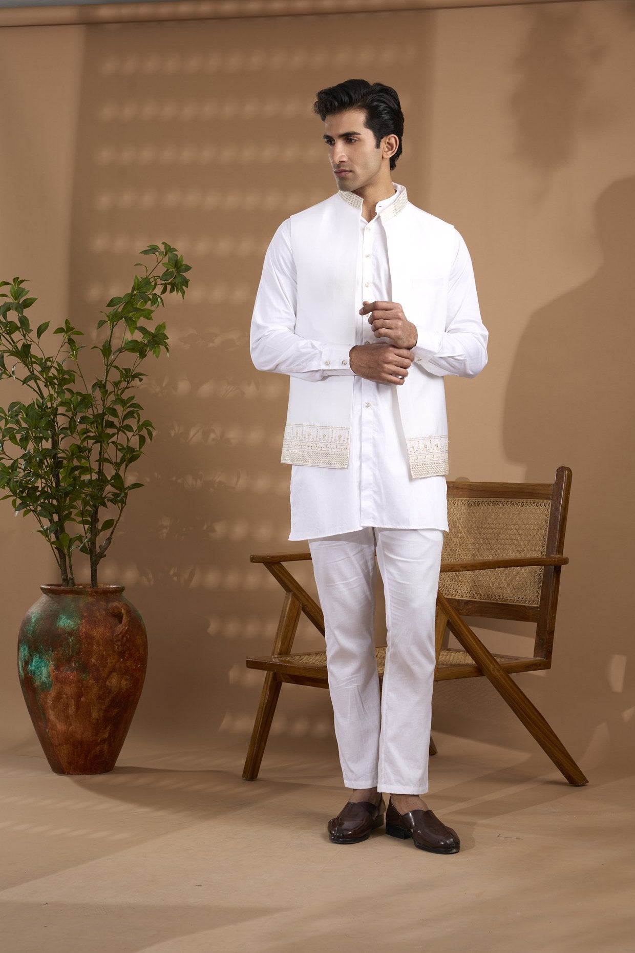 White Embroidered Open Jacket Set